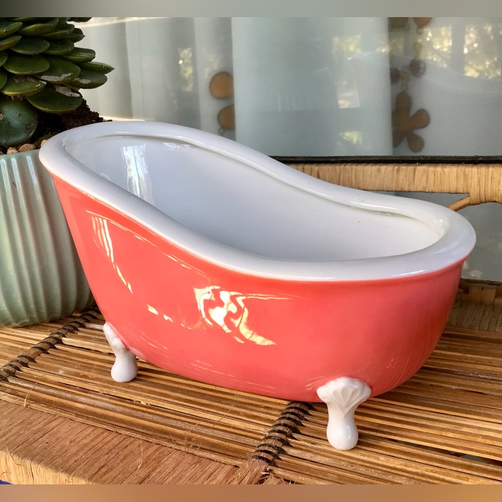 BATH & BODY WORKS Coral Pink Large Ceramic Pedestal Bathtub Planter Storage - Picture 4 of 9